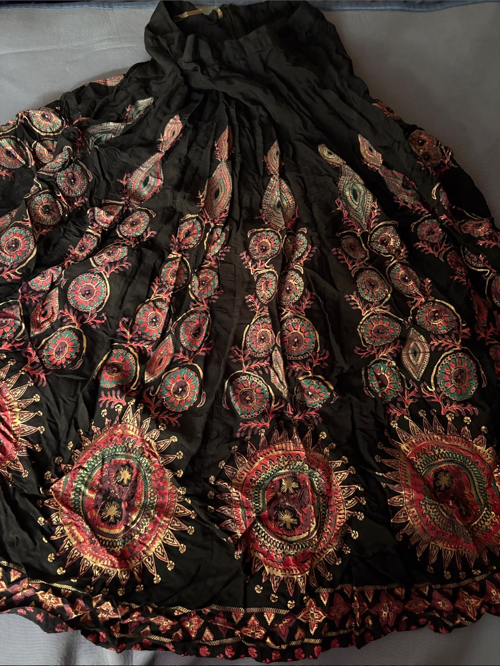 Global desi Black Bohemian Maxi Skirt with Multicolor Medallions